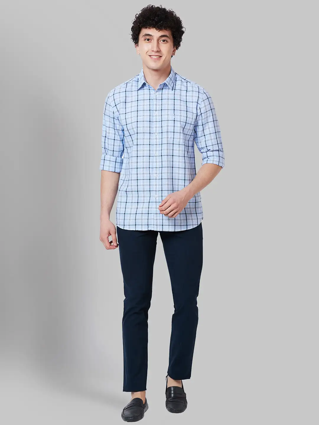 Men Blue Lrt Fit Solid Cotton Blend Trouser - Image 5