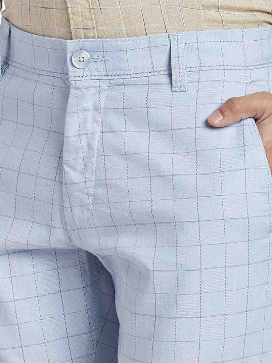 Men Blue Lrt Fit Yarn Dyed Cotton Blend Trouser