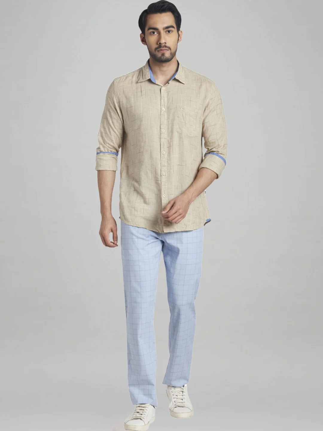 Men Blue Lrt Fit Yarn Dyed Cotton Blend Trouser - Image 2