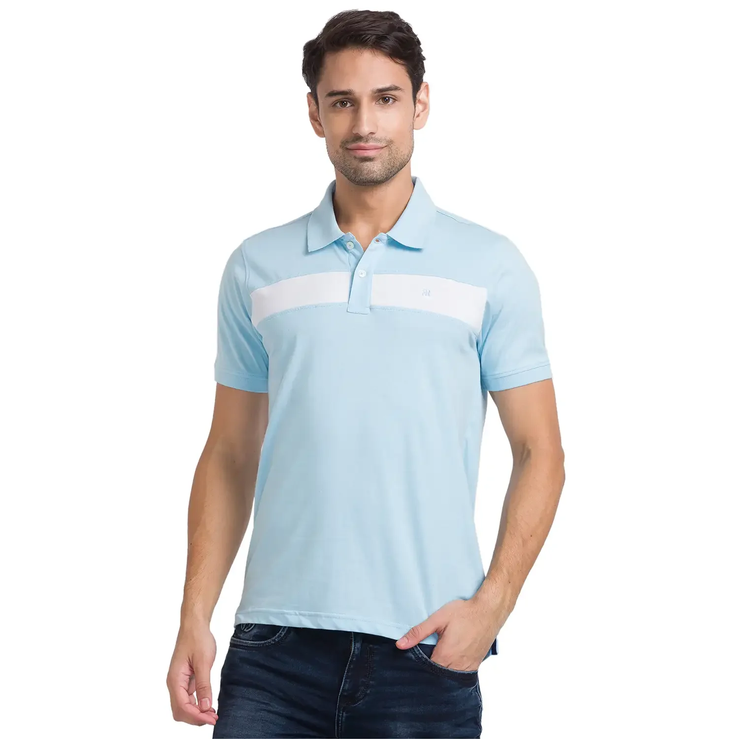 Men Blue Modern Fit Cotton Round Neck Collar Polo T-Shirt