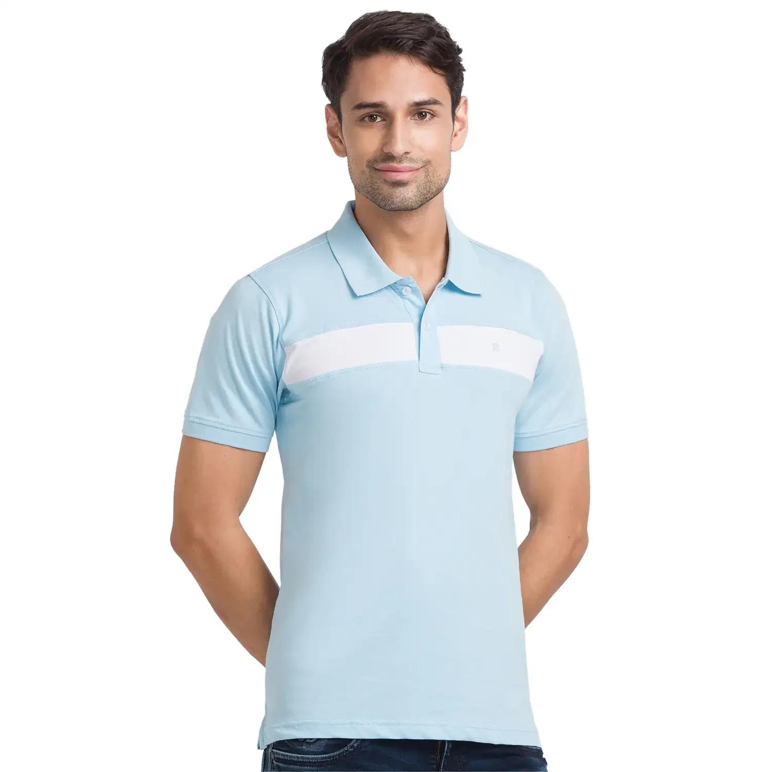 Men Blue Modern Fit Cotton Round Neck Collar Polo T-Shirt - Image 2