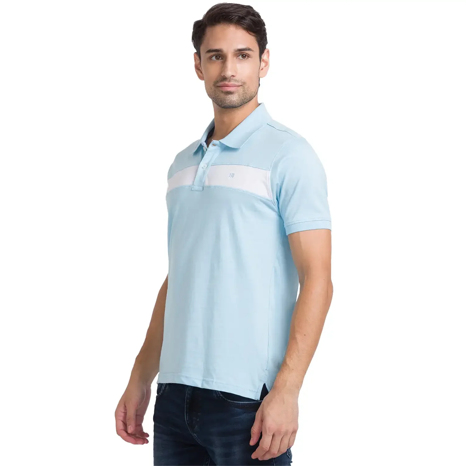 Men Blue Modern Fit Cotton Round Neck Collar Polo T-Shirt - Image 3