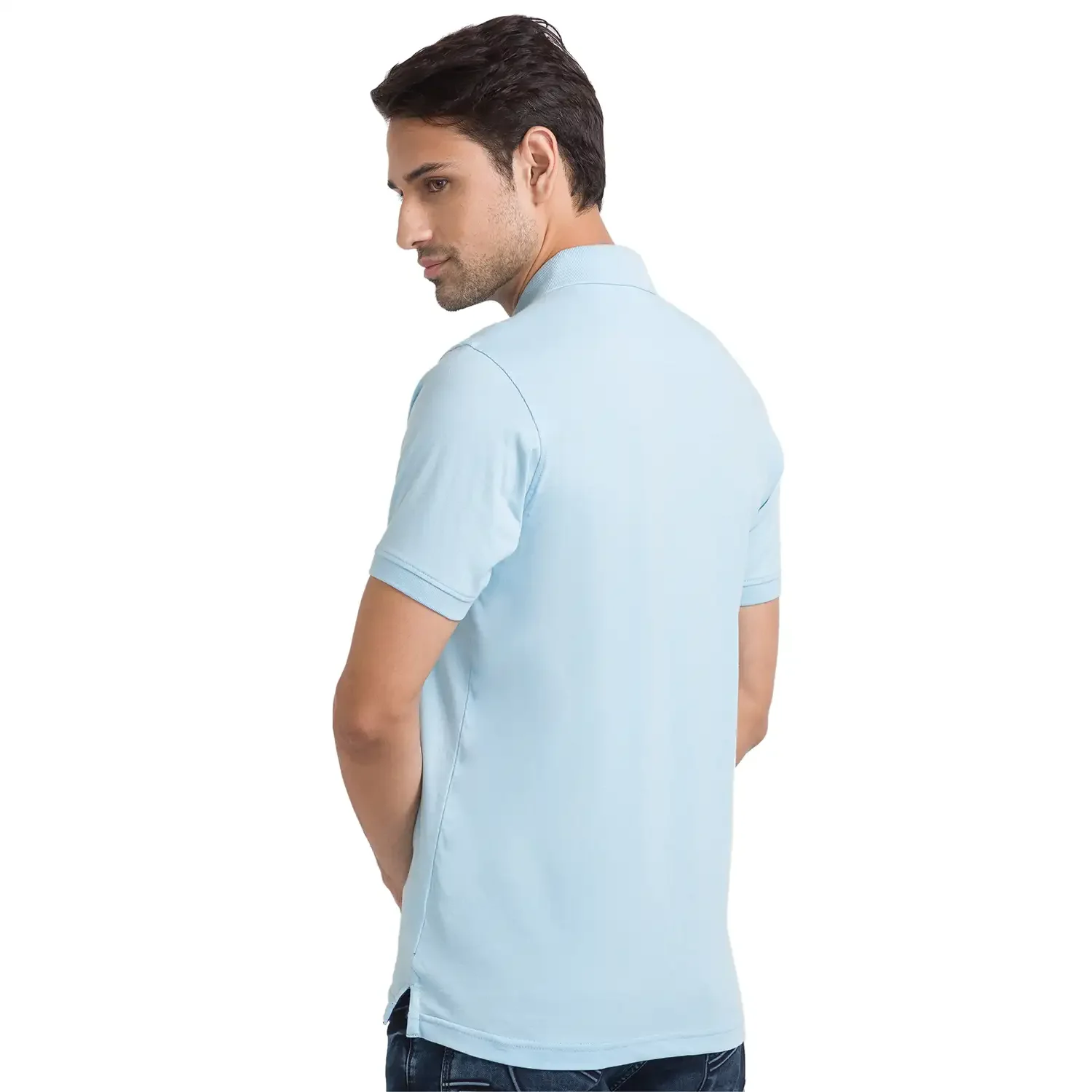 Men Blue Modern Fit Cotton Round Neck Collar Polo T-Shirt - Image 4