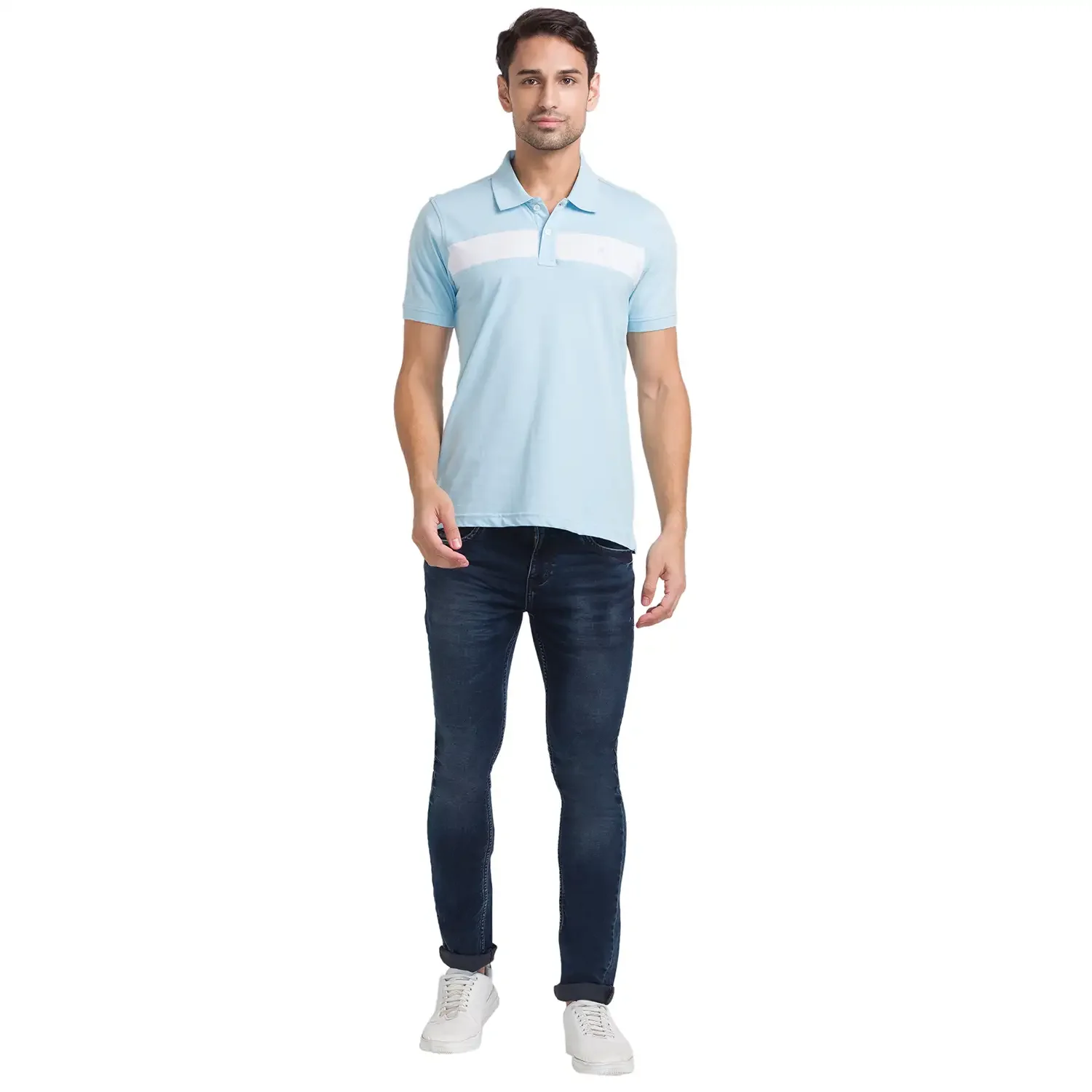 Men Blue Modern Fit Cotton Round Neck Collar Polo T-Shirt - Image 5