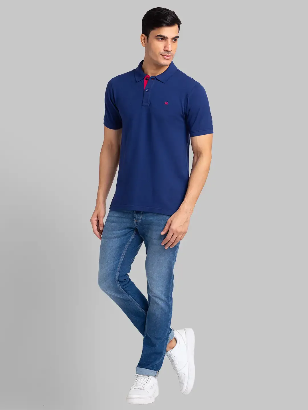 Men Blue Modern Fit Solid Cotton Polo T-Shirt - Image 5