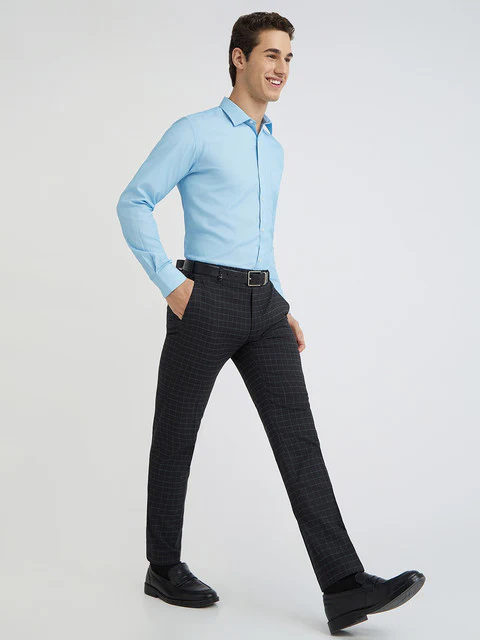 Men Blue Neo Classic Fit Checks Polyester Blend Trouser - Image 5