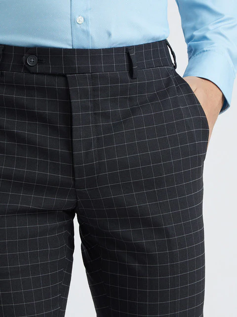 Men Blue Neo Classic Fit Checks Polyester Blend Trouser - Image 6