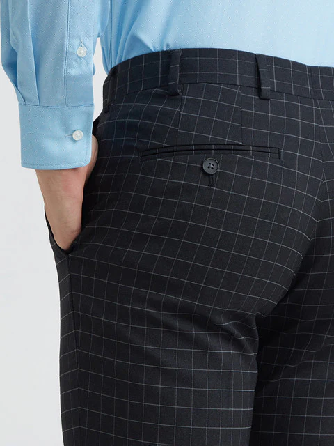 Men Blue Neo Classic Fit Checks Polyester Blend Trouser - Image 7