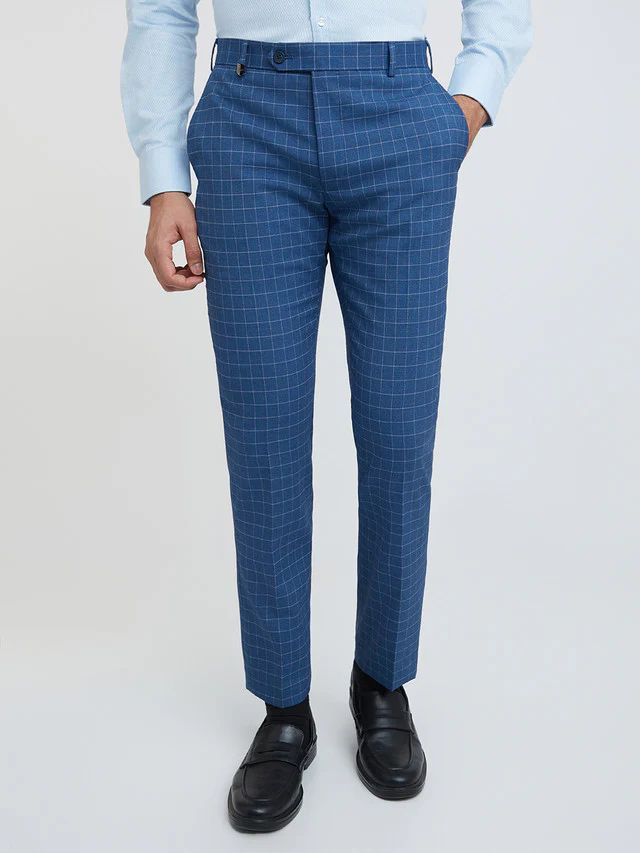 Men Blue Neo Classic Fit Checks Polyester Blend Trouser
