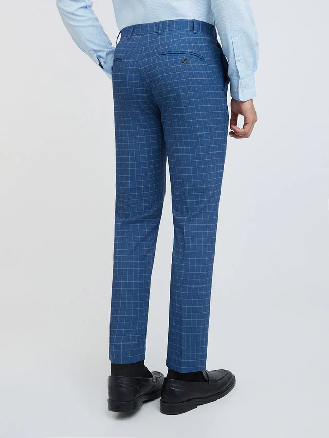 Men Blue Neo Classic Fit Checks Polyester Blend Trouser - Image 4