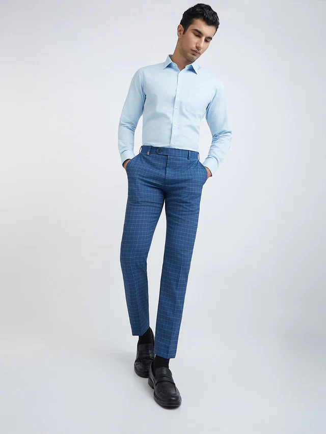 Men Blue Neo Classic Fit Checks Polyester Blend Trouser - Image 5