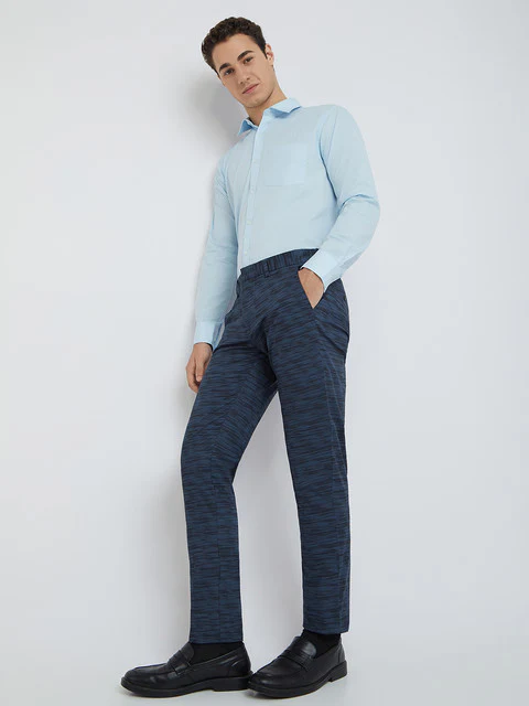 Men Blue Neo Classic Fit Print Cotton Blend Trouser - Image 5