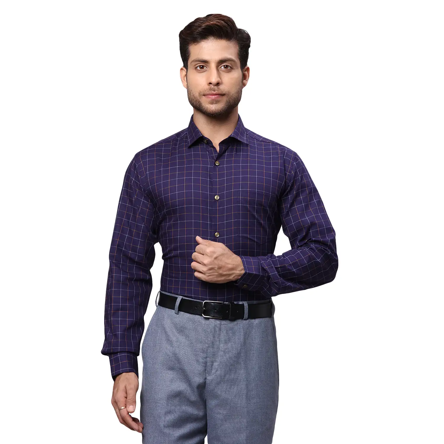Men Blue Regular Fit Checks Cotton Full Sleeve Cut Away Collar Shirts