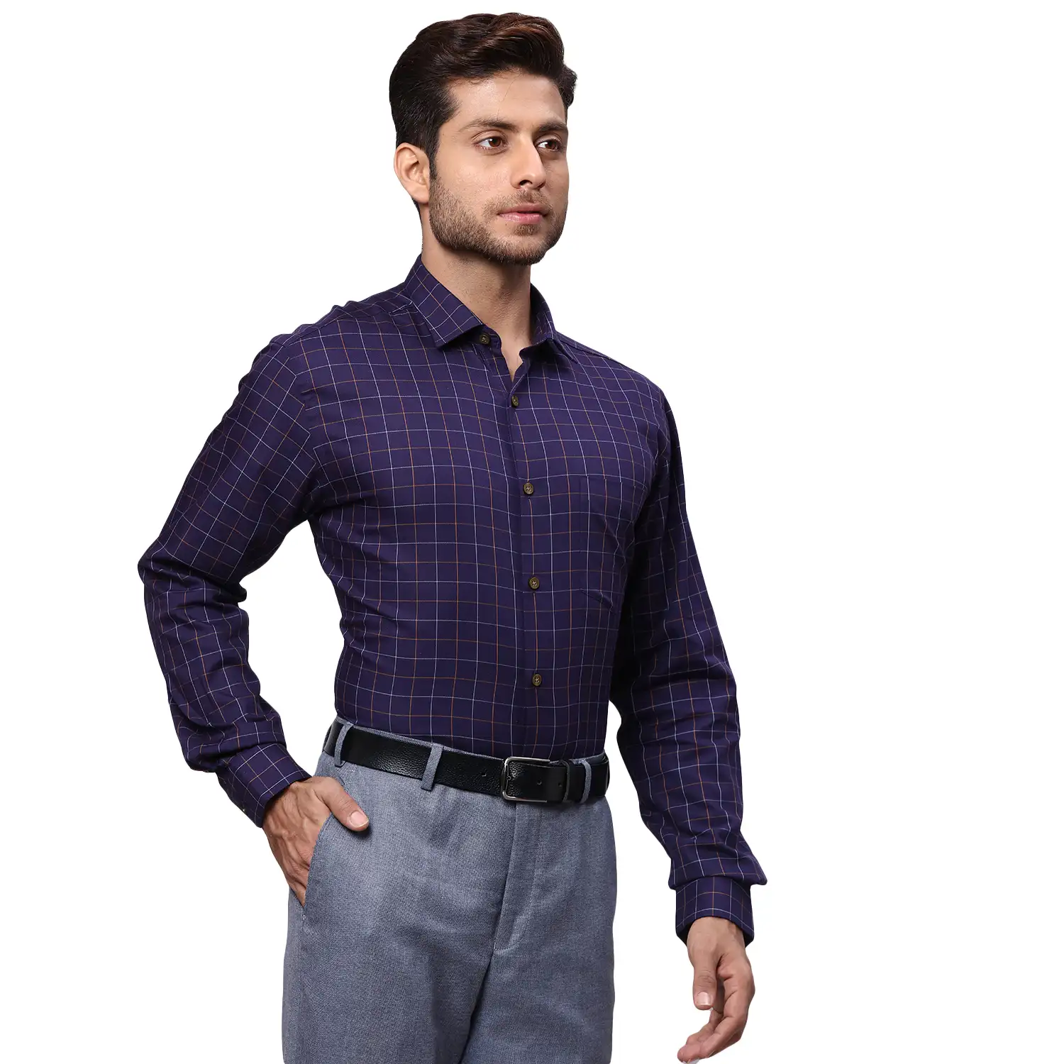 Men Blue Regular Fit Checks Cotton Full Sleeve Cut Away Collar Shirts - Image 2