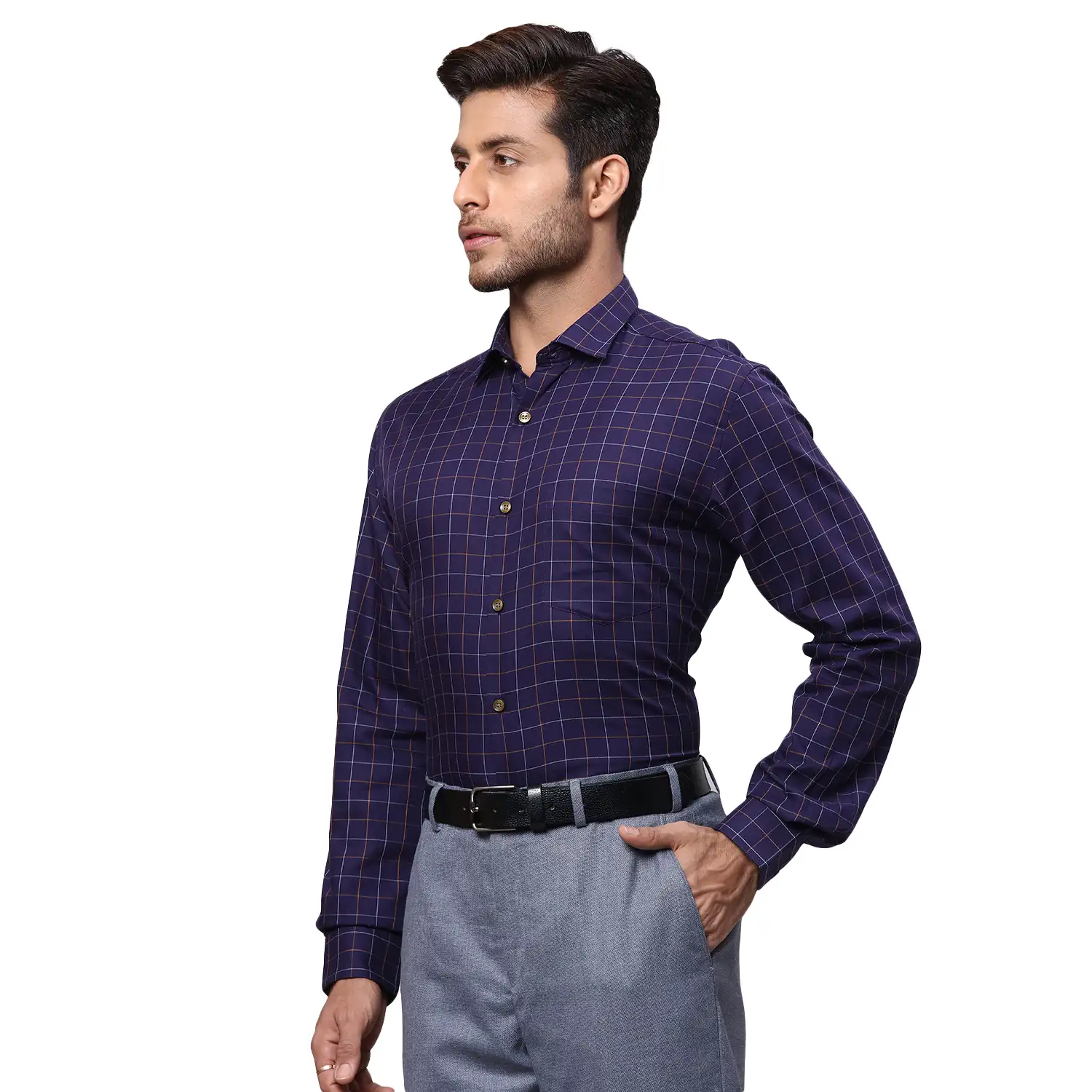 Men Blue Regular Fit Checks Cotton Full Sleeve Cut Away Collar Shirts - Image 3