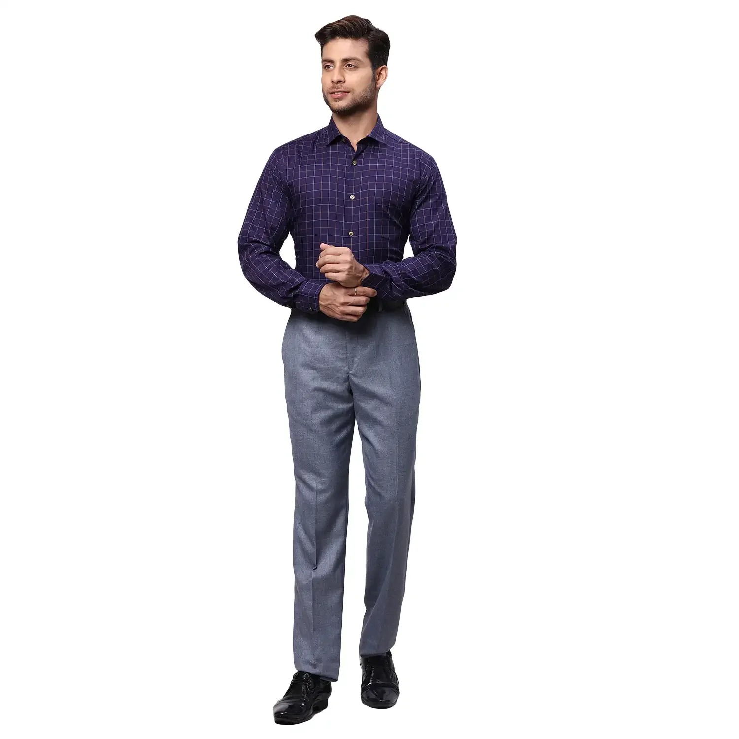 Men Blue Regular Fit Checks Cotton Full Sleeve Cut Away Collar Shirts - Image 5