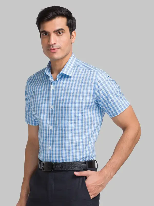 Men Blue Regular Fit Checks Cotton Half Sleeve Shirts - Image 3