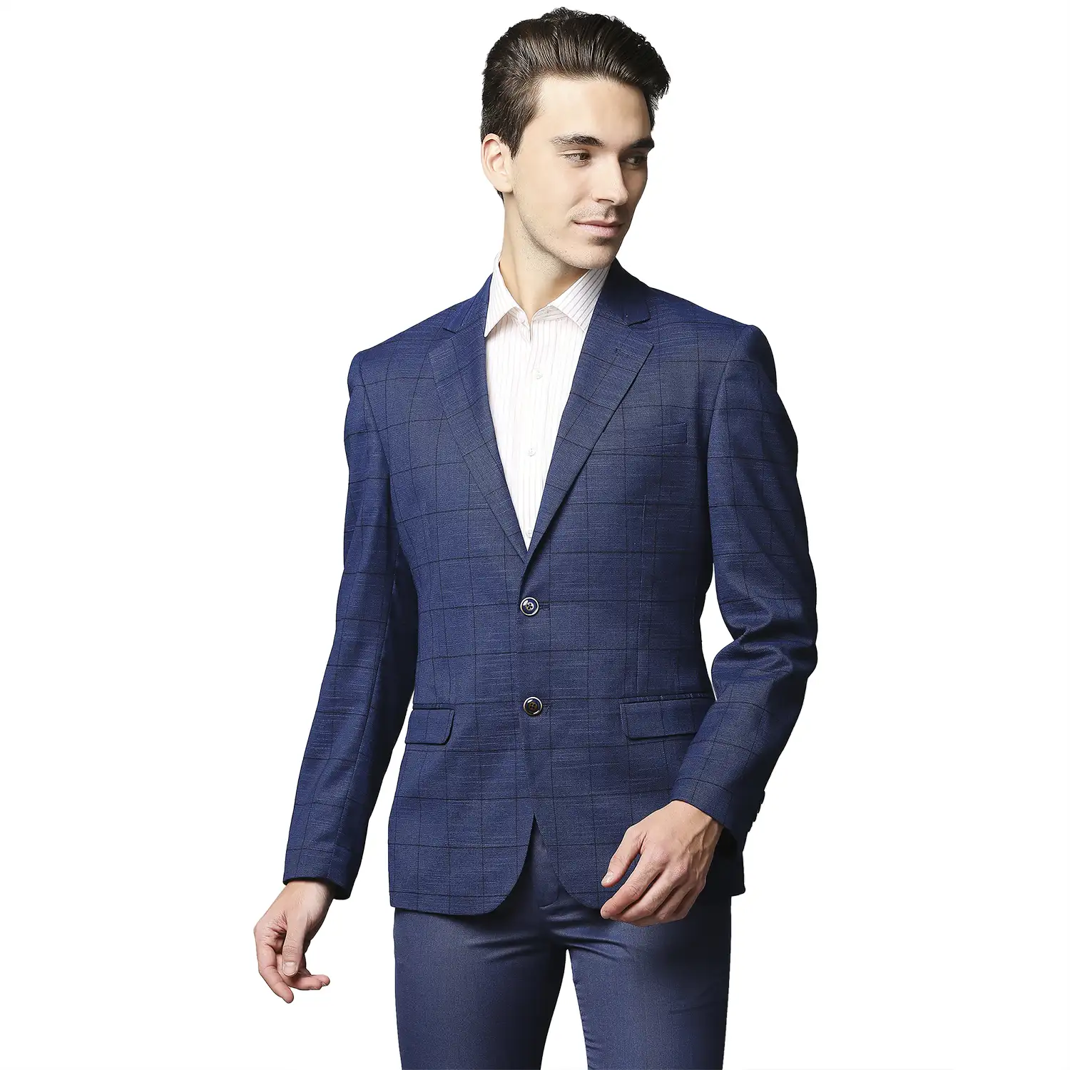 Men Blue Regular Fit Checks Terylene Rayon Spandex Blend Jackets