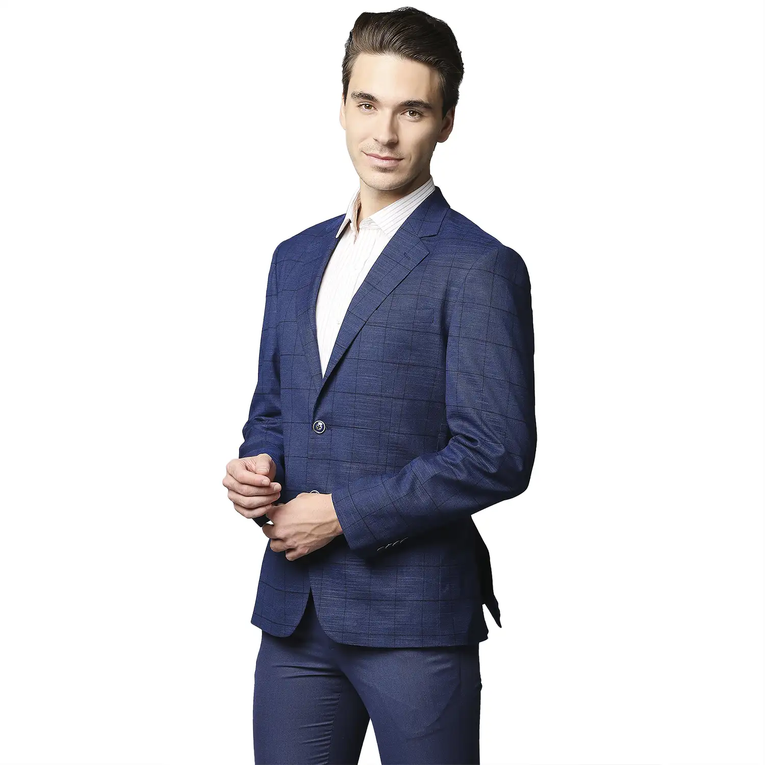 Men Blue Regular Fit Checks Terylene Rayon Spandex Blend Jackets - Image 3