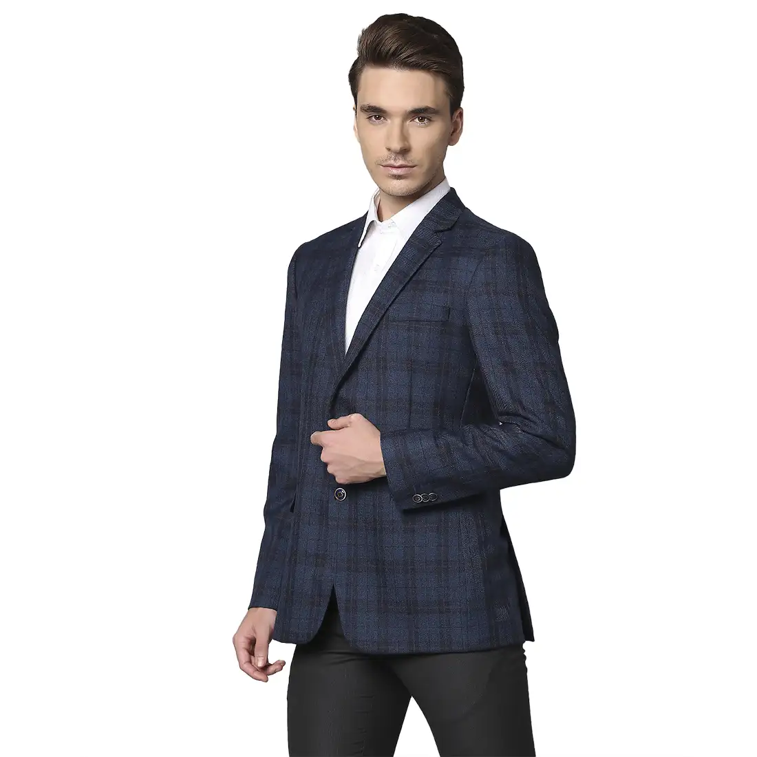 Men Blue Regular Fit Checks Wool Blend Jackets - Image 3