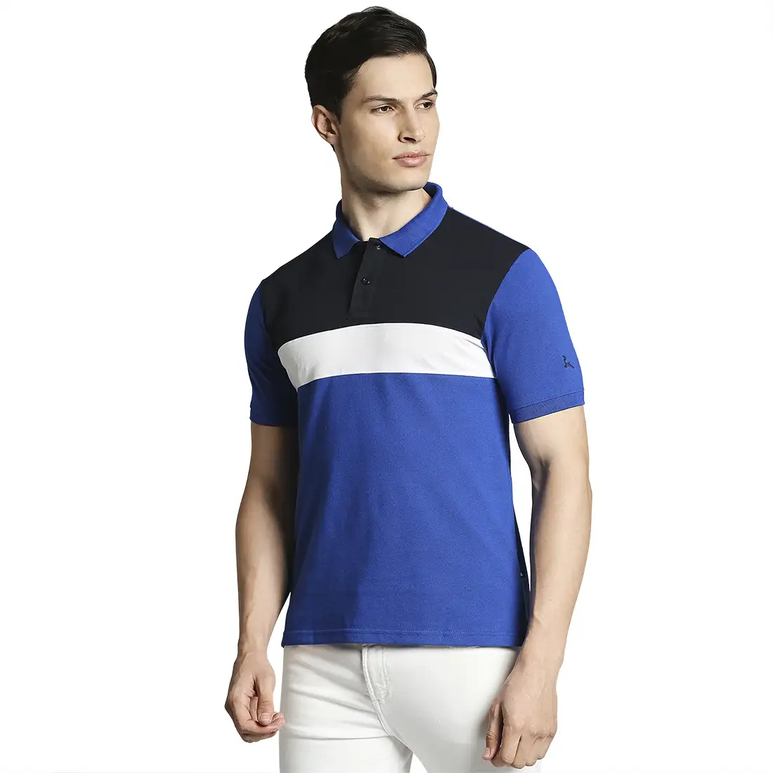 Men Blue Regular Fit Cut & Sew Cotton Round Neck Collar Polo T-Shirt - Image 3