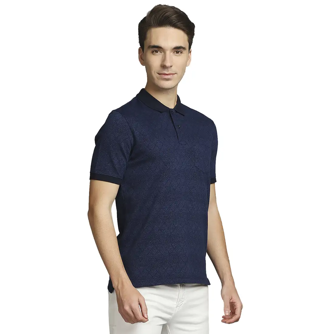 Men Blue Regular Fit Jacquard Cotton Polyester Blend Round Neck Collar Polo T-Shirt - Image 2