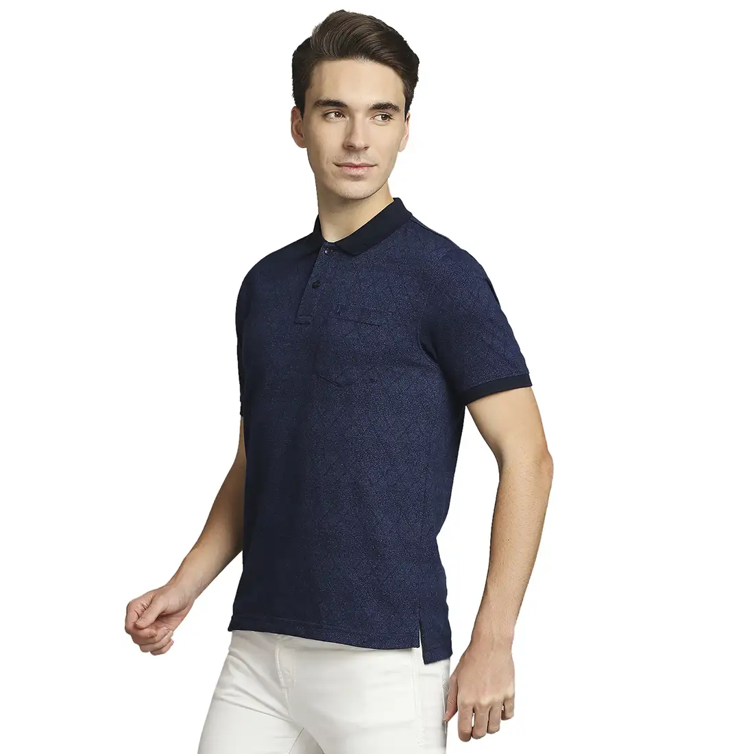 Men Blue Regular Fit Jacquard Cotton Polyester Blend Round Neck Collar Polo T-Shirt - Image 3