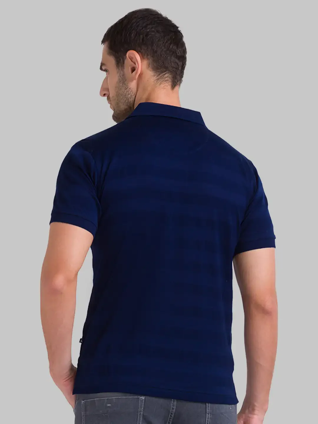 Men Blue Regular Fit Jacquard Cotton Round Neck Collar Polo T-Shirt - Image 4