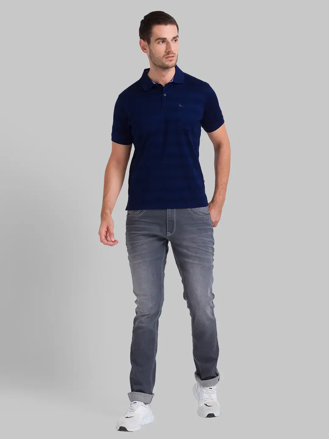 Men Blue Regular Fit Jacquard Cotton Round Neck Collar Polo T-Shirt - Image 5