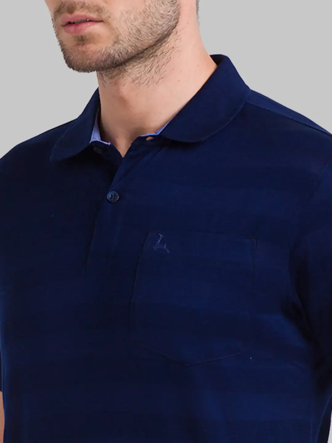 Men Blue Regular Fit Jacquard Cotton Round Neck Collar Polo T-Shirt - Image 6