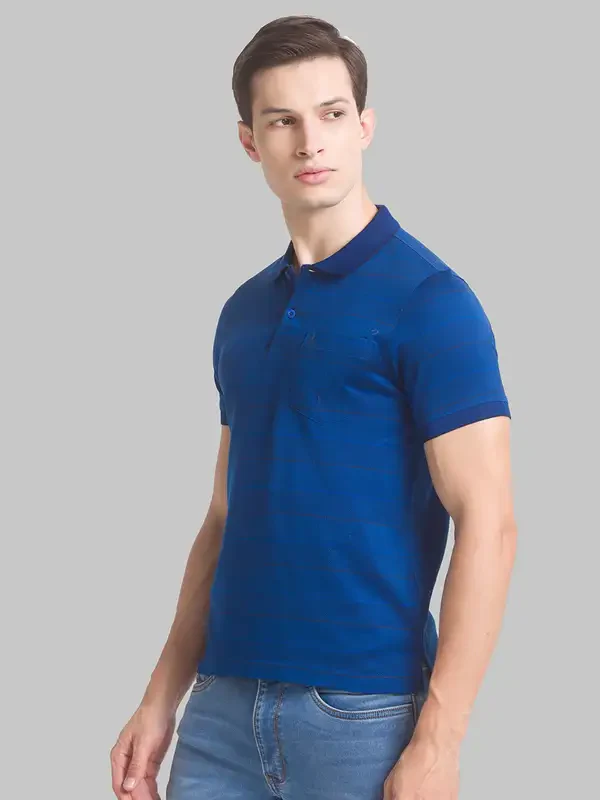 Men Blue Regular Fit Jacquard Cotton Round Neck Collar Polo T-Shirt - Image 3