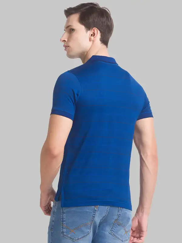 Men Blue Regular Fit Jacquard Cotton Round Neck Collar Polo T-Shirt - Image 4