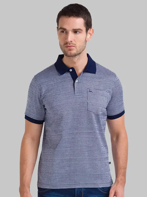 Men Blue Regular Fit Jacquard Cotton Round Neck Collar Polo T-Shirt