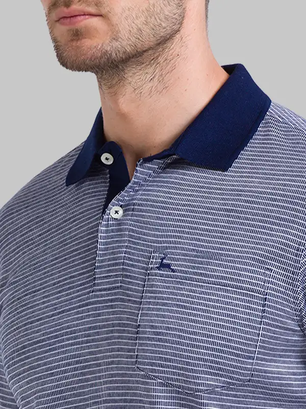 Men Blue Regular Fit Jacquard Cotton Round Neck Collar Polo T-Shirt - Image 6