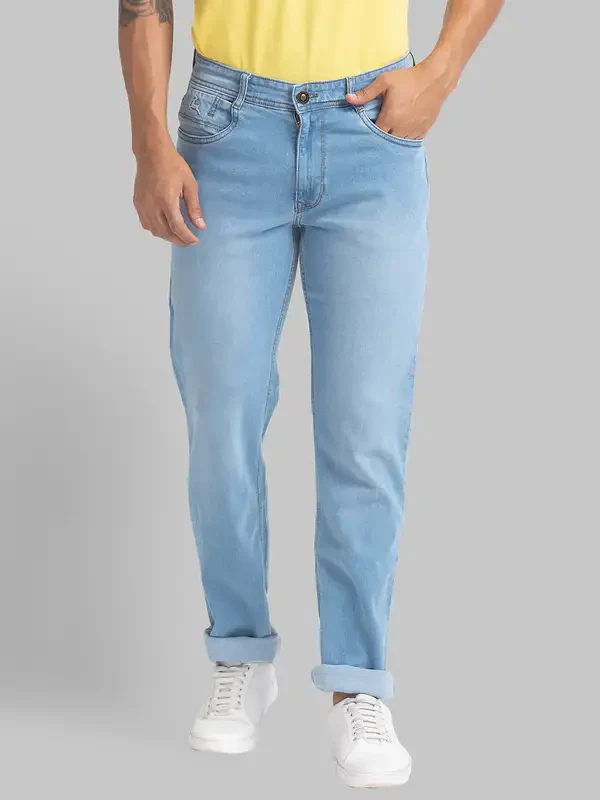Men Blue Regular Fit Plain Cotton Blend Jeans