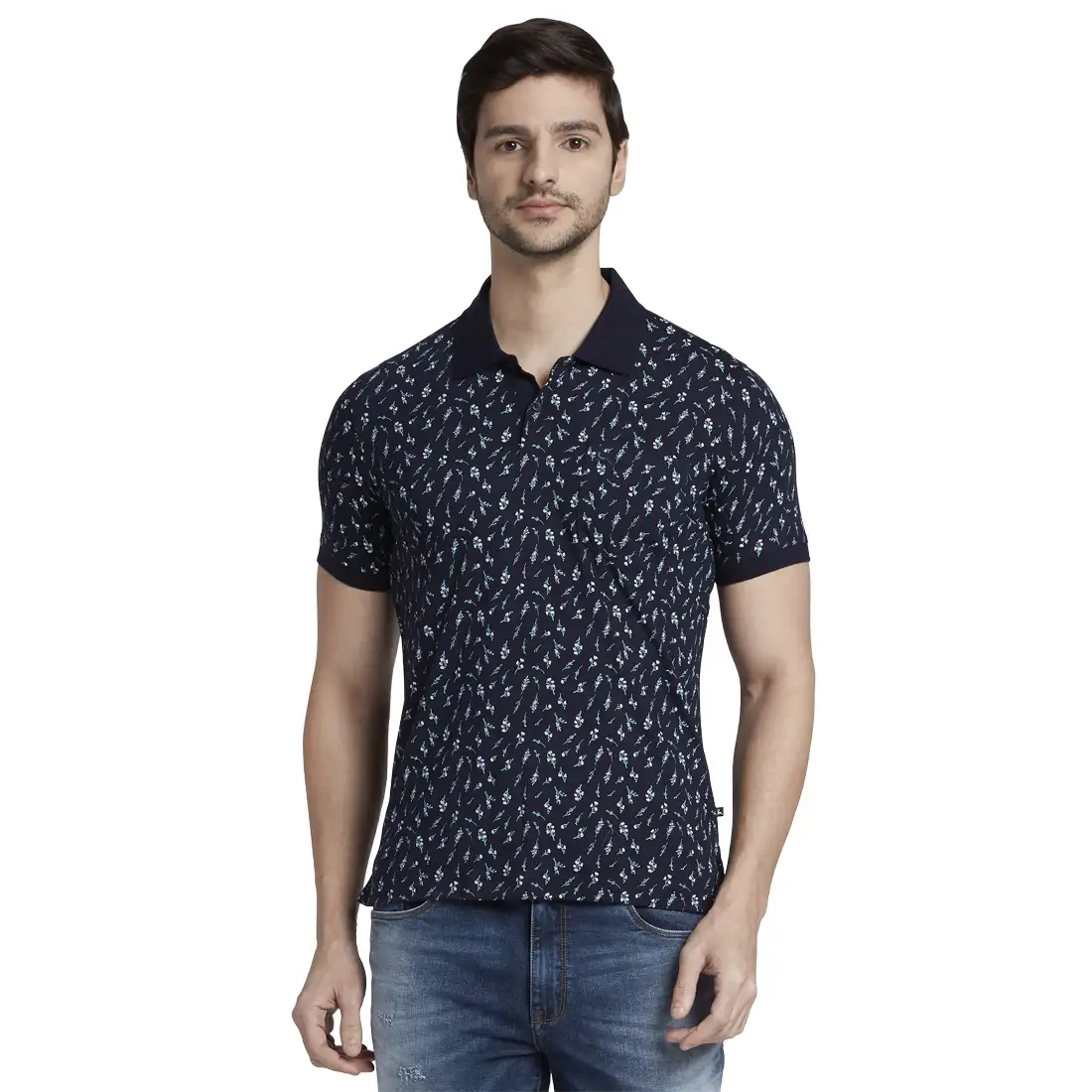 Men Blue Regular Fit Print Cotton Polyester Blend Round Neck Collar Polo T-Shirt