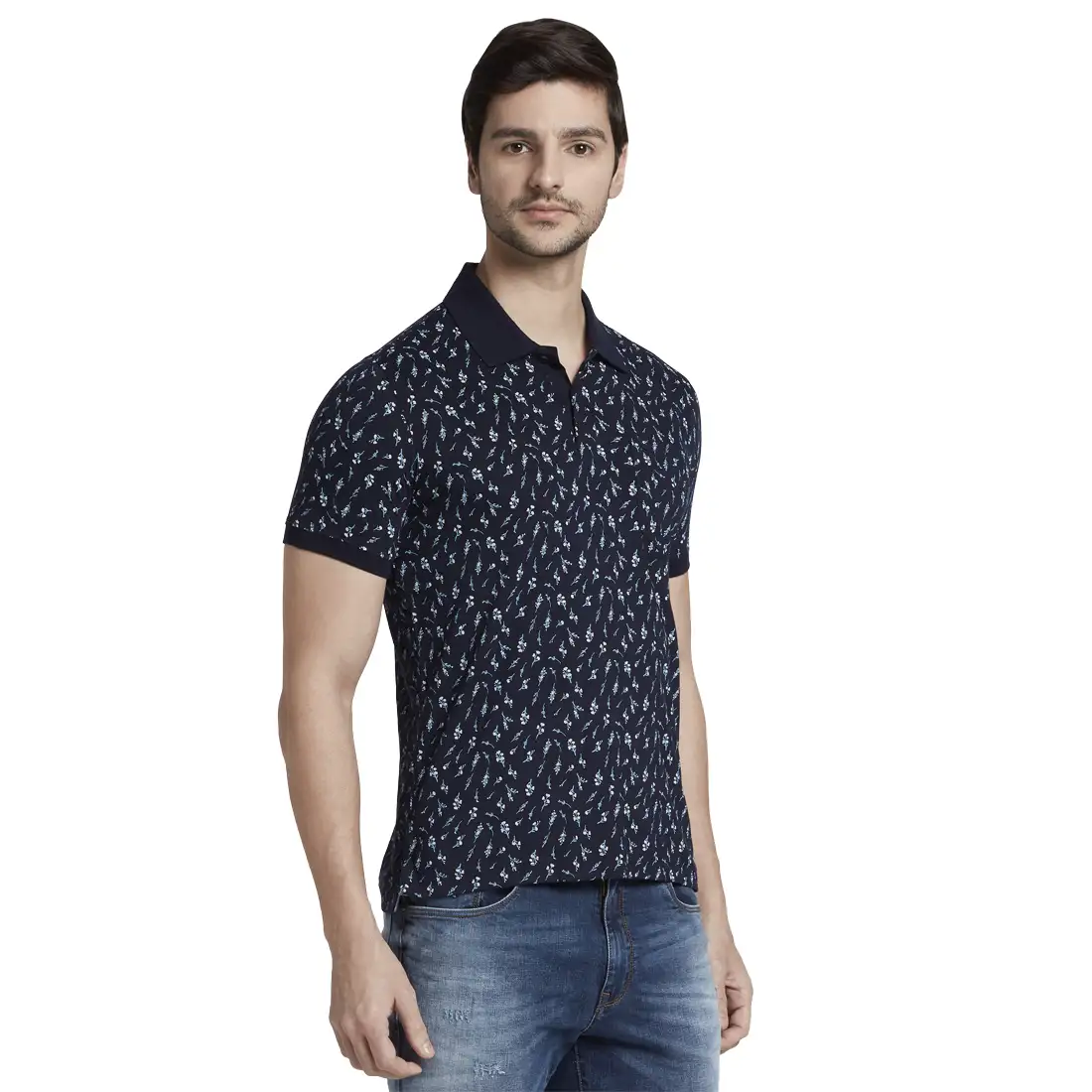 Men Blue Regular Fit Print Cotton Polyester Blend Round Neck Collar Polo T-Shirt - Image 2