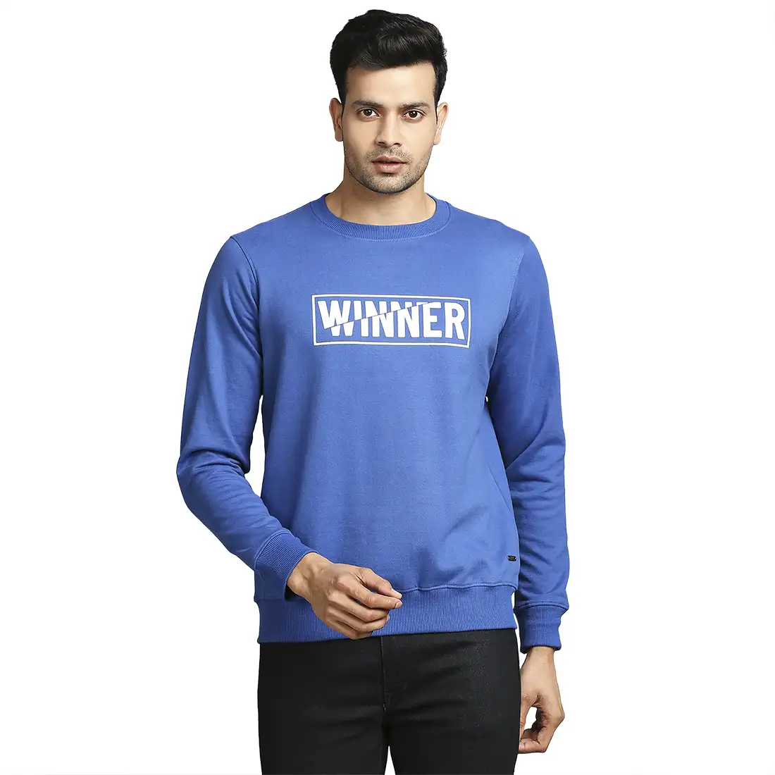 Men Blue Regular Fit Print Cotton Polyester Blend Sweatshirts