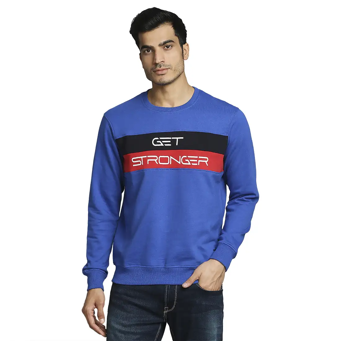 Men Blue Regular Fit Print Cotton Polyester Blend Sweatshirts