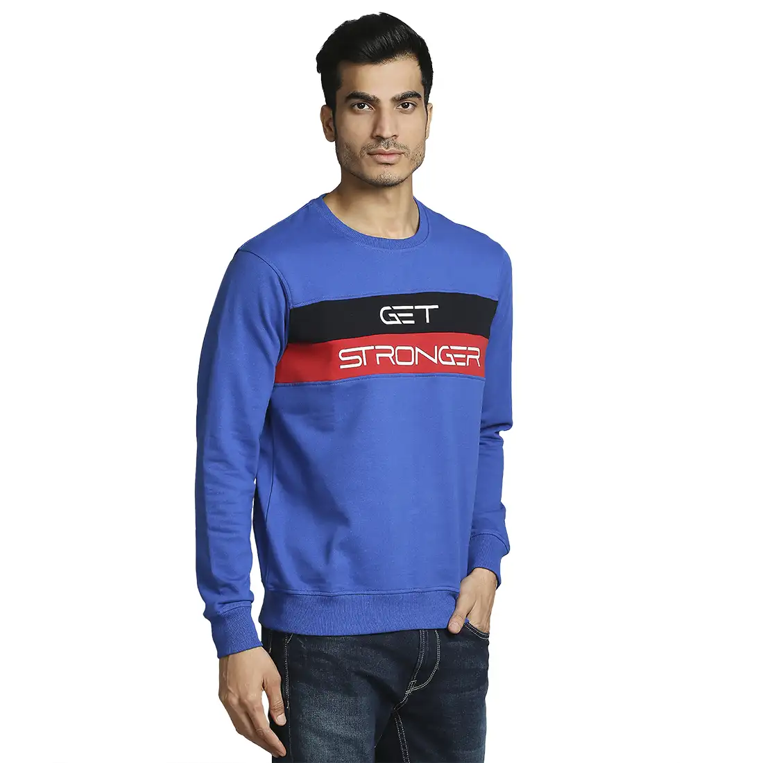 Men Blue Regular Fit Print Cotton Polyester Blend Sweatshirts - Image 2