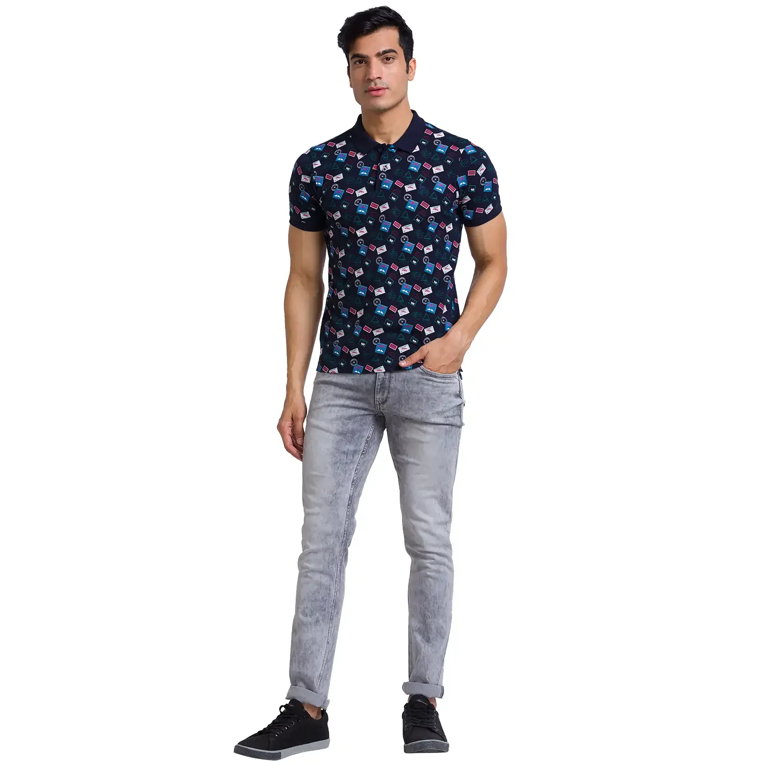 Men Blue Regular Fit Print Cotton Round Neck Collar Polo T-Shirt - Image 5