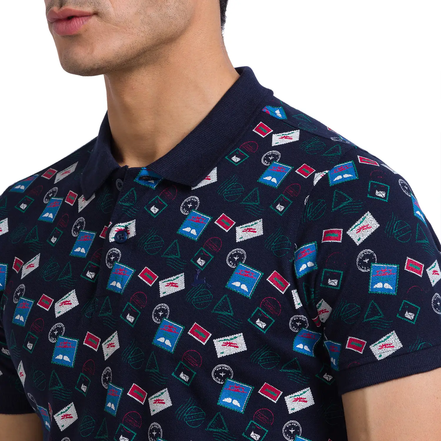 Men Blue Regular Fit Print Cotton Round Neck Collar Polo T-Shirt - Image 6