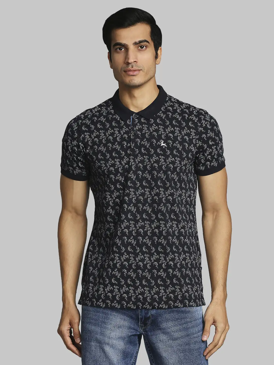 Men Blue Regular Fit Print Cotton Round Neck Collar Polo T-Shirt