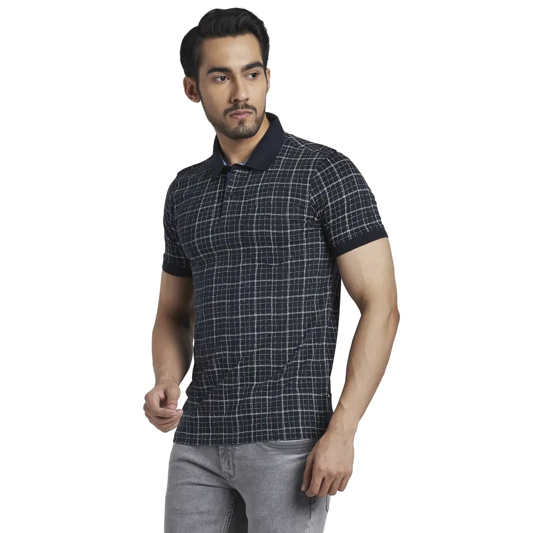 Men Blue Regular Fit Print Cotton Round Neck Collar Polo T-Shirt - Image 3