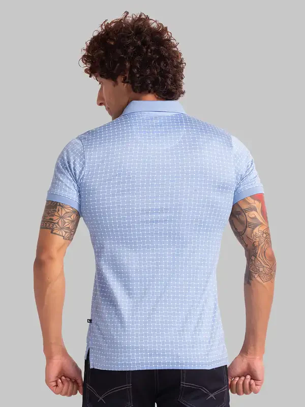 Men Blue Regular Fit Print Cotton Round Neck Collar Polo T-Shirt - Image 4