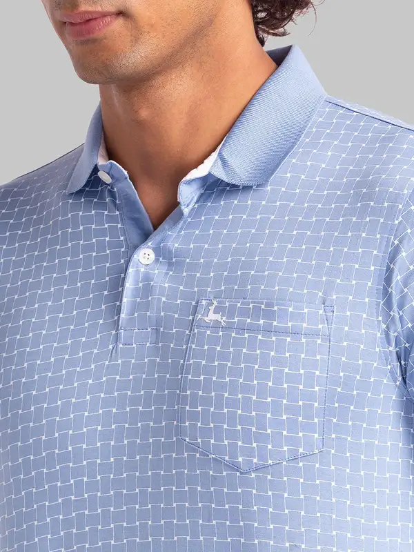 Men Blue Regular Fit Print Cotton Round Neck Collar Polo T-Shirt - Image 6