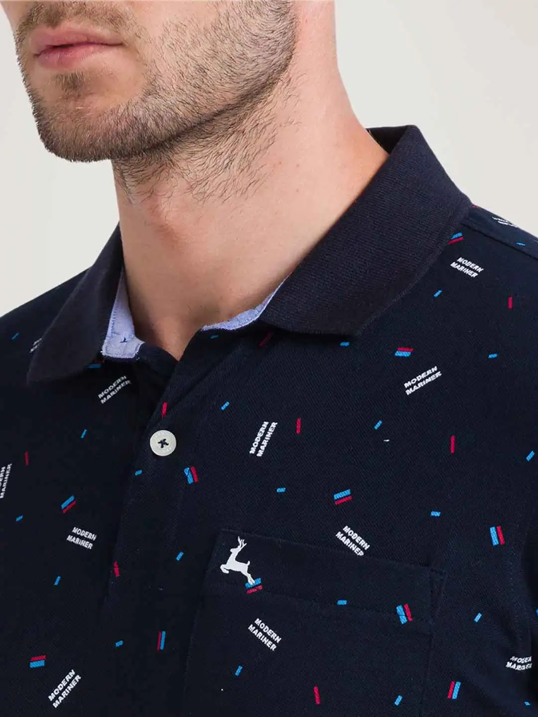 Men Blue Regular Fit Print Cotton Round Neck Collar Polo T-Shirt