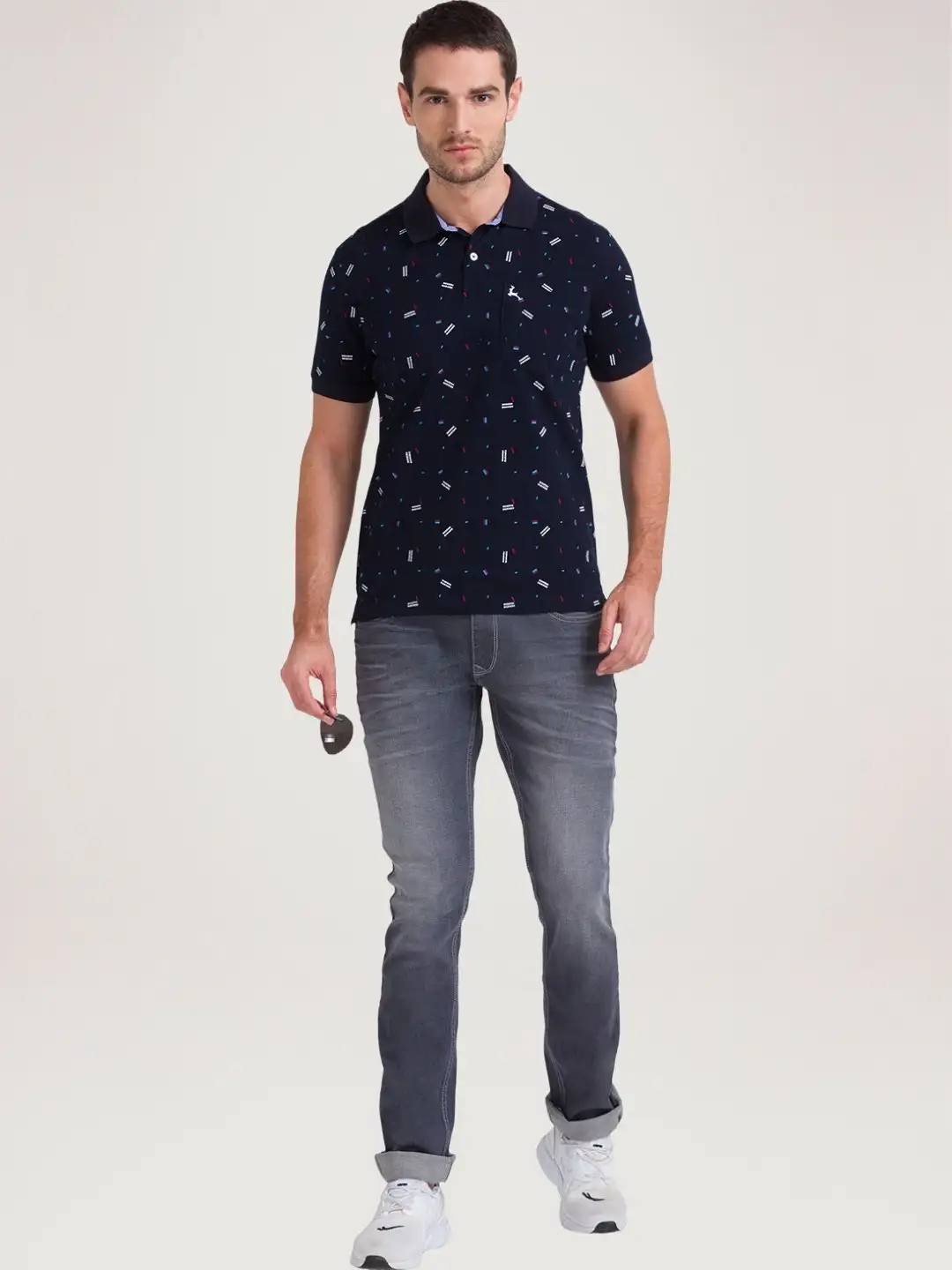 Men Blue Regular Fit Print Cotton Round Neck Collar Polo T-Shirt - Image 2