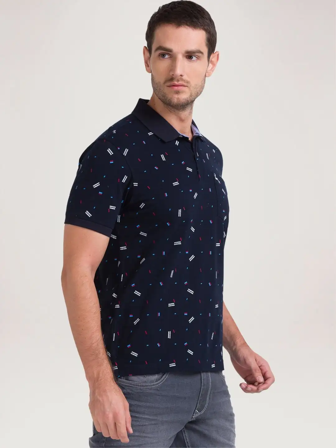 Men Blue Regular Fit Print Cotton Round Neck Collar Polo T-Shirt - Image 5
