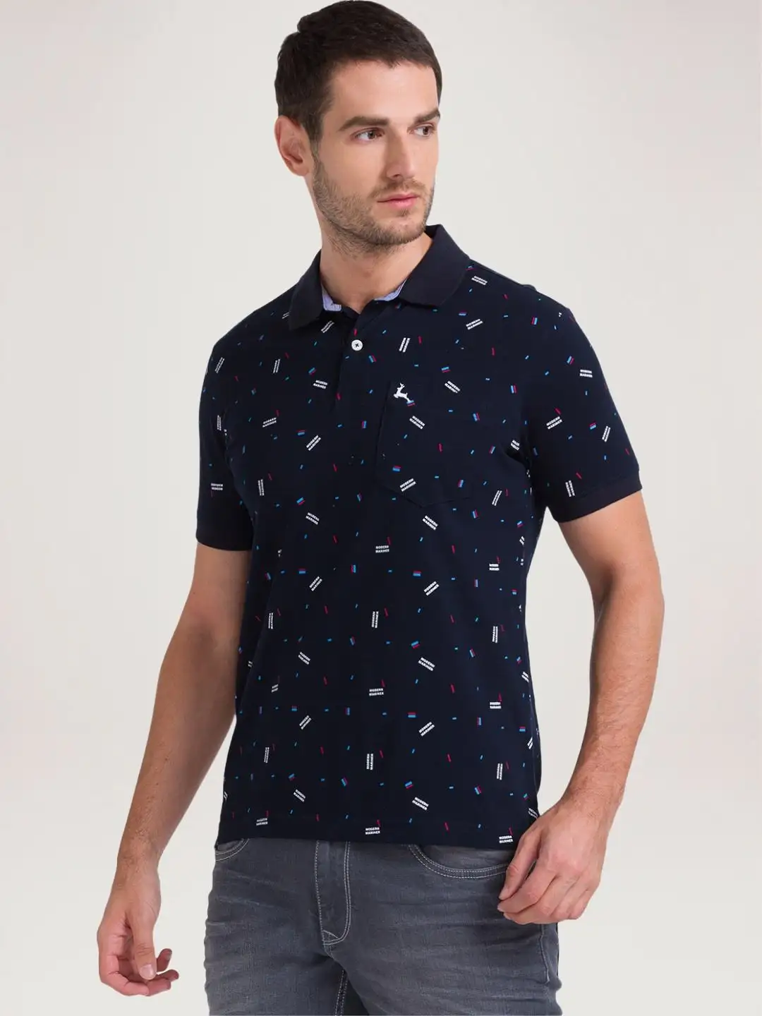 Men Blue Regular Fit Print Cotton Round Neck Collar Polo T-Shirt - Image 6